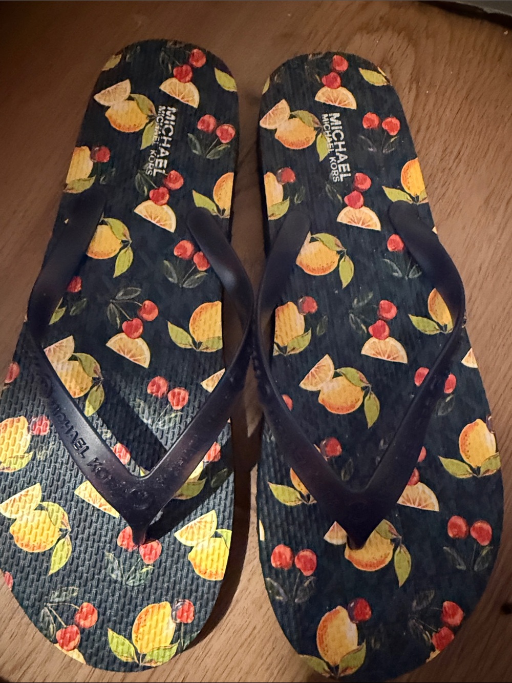 NWOT Michael Kors Navy Yellow Cherry & Lemon Print Flip Flops